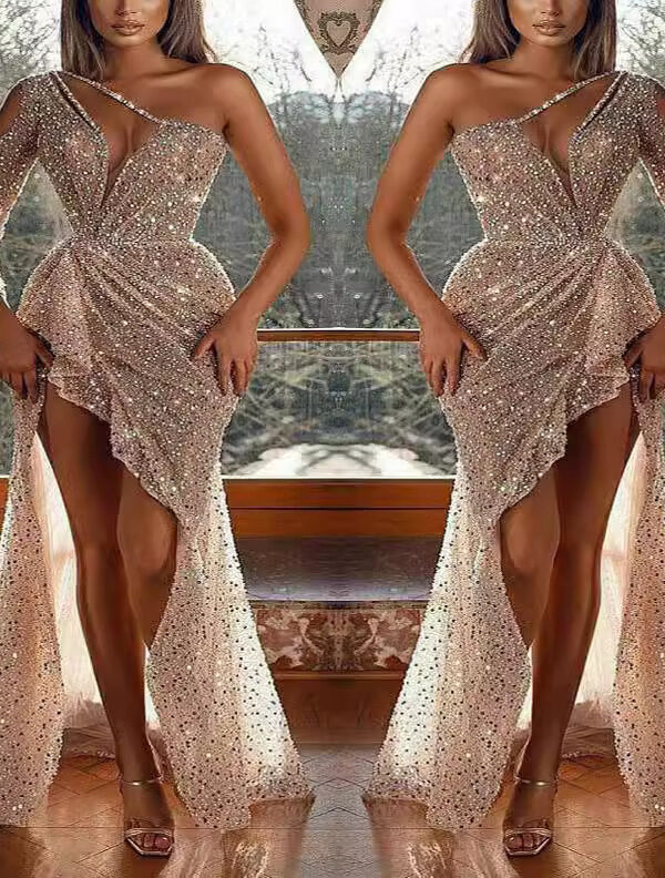Dreamy And Sexy High Lrregular Long Sleeve Sequin Evening Gown - Image 4